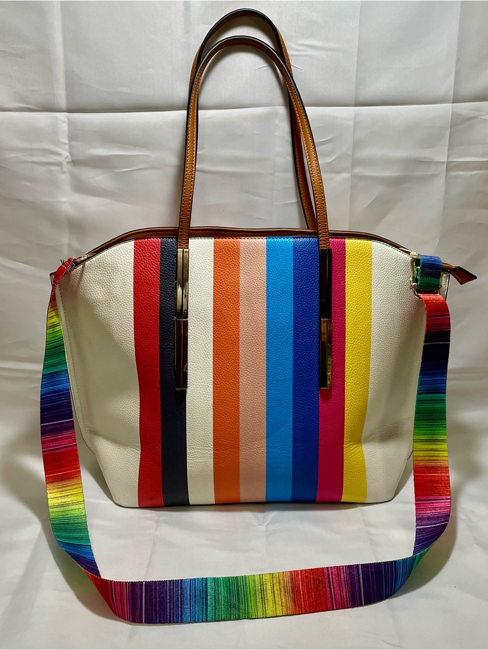 Boutique Multicolor Striped Oversized Tote Bag with Rainbow Guitar Strap, NWOT